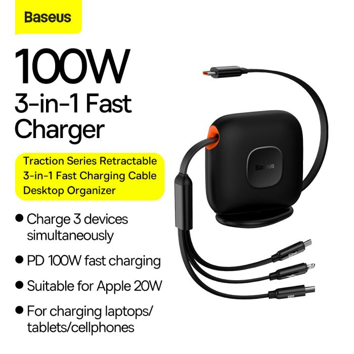 Baseus Traction Series Retractable 3 in 1 Fast Charging Cable Desktop Organizer Type-C to M+L+C 100W 1.7m Black