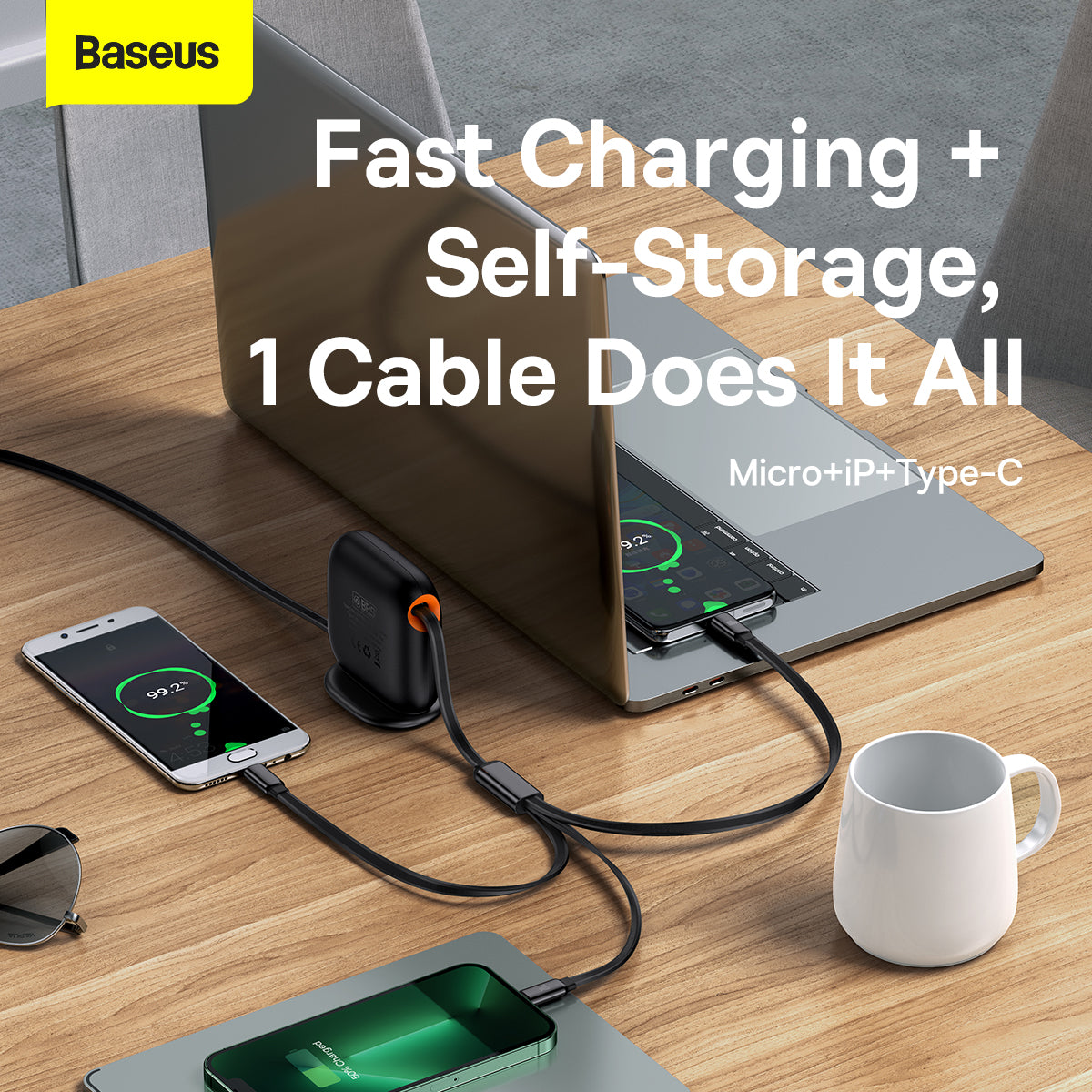 Baseus Traction Series Retractable 3 in 1 Fast Charging Cable Desktop Organizer Type-C to M+L+C 100W 1.7m Black