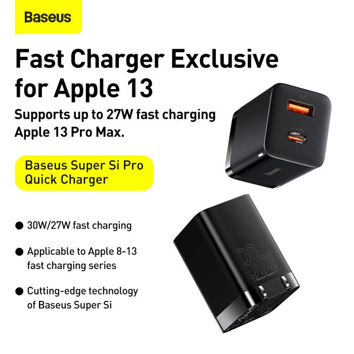 Baseus Super Si Pro Quick Charger Type C + USB 30W CN Black