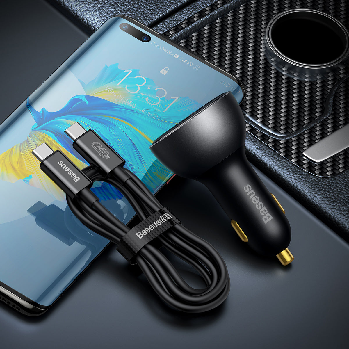 Baseus Digital Display PD3.1 Dual Fast Charger Car Charger U+C 140W Set Obsidian Black With C To C 240W 1m Black