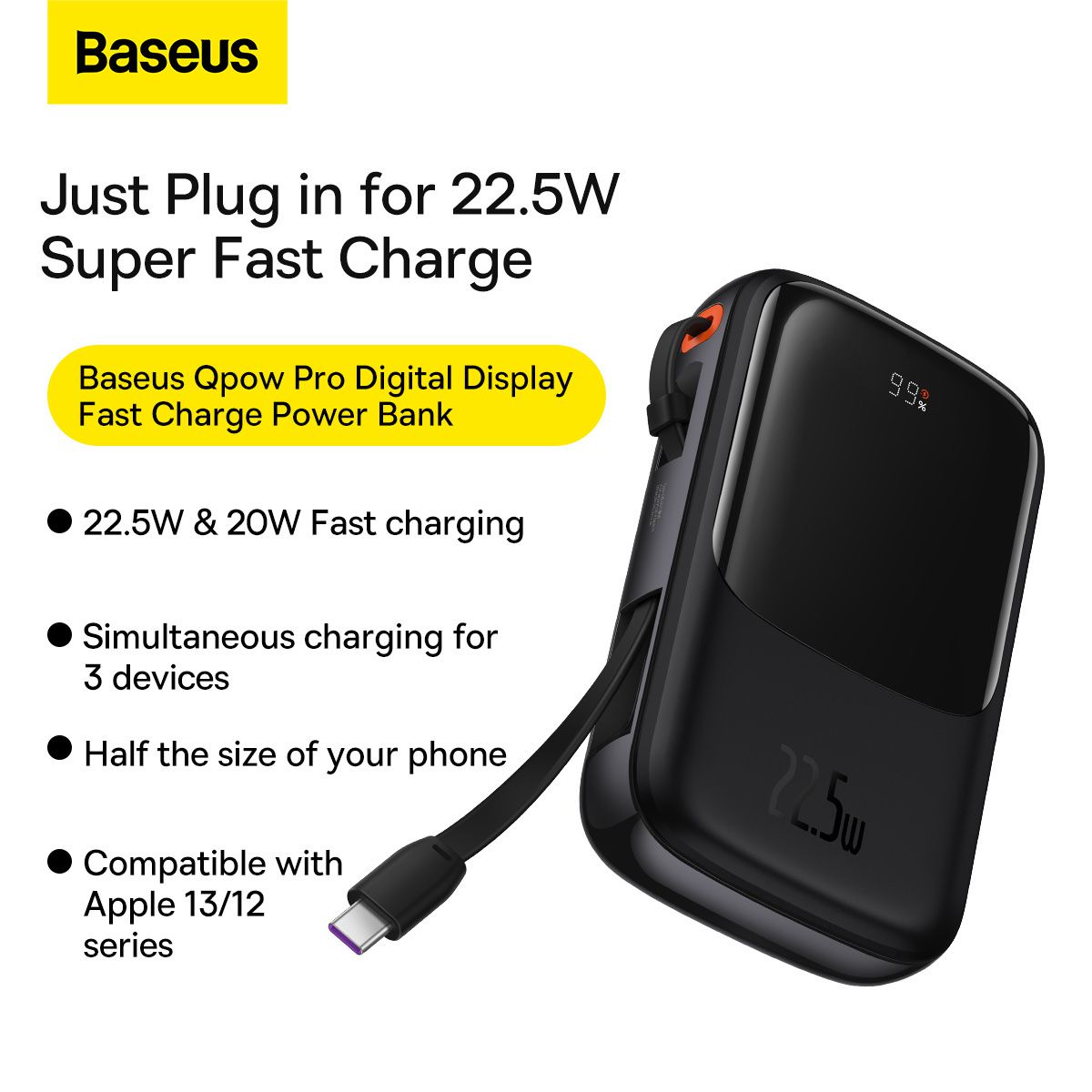 Baseus Qpow Pro Digital Display Fast Charge Power Bank 10000mAh 22.5W Type-C Edition Black/White