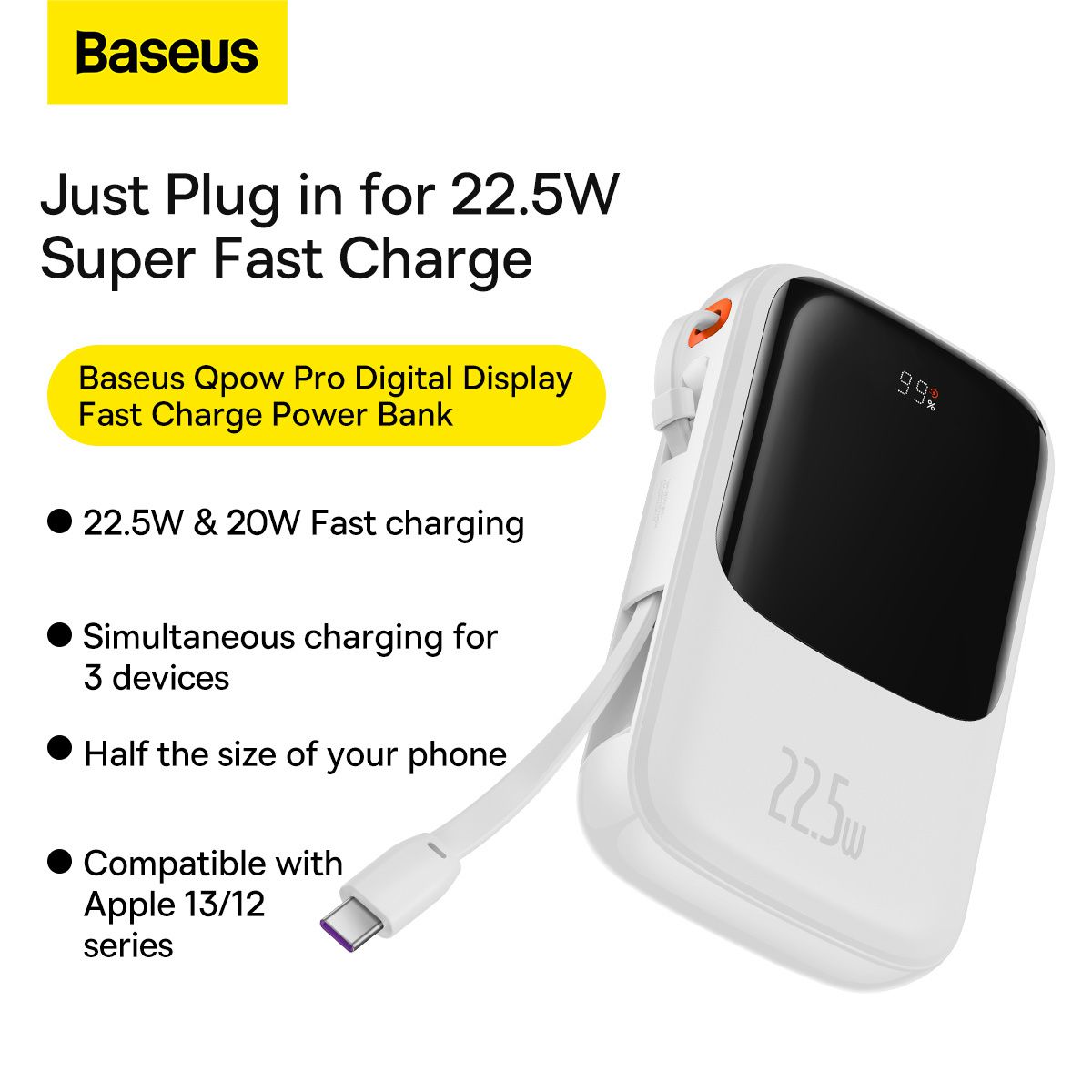 Baseus Qpow Pro Digital Display Fast Charge Power Bank 10000mAh 22.5W Type-C Edition Black/White