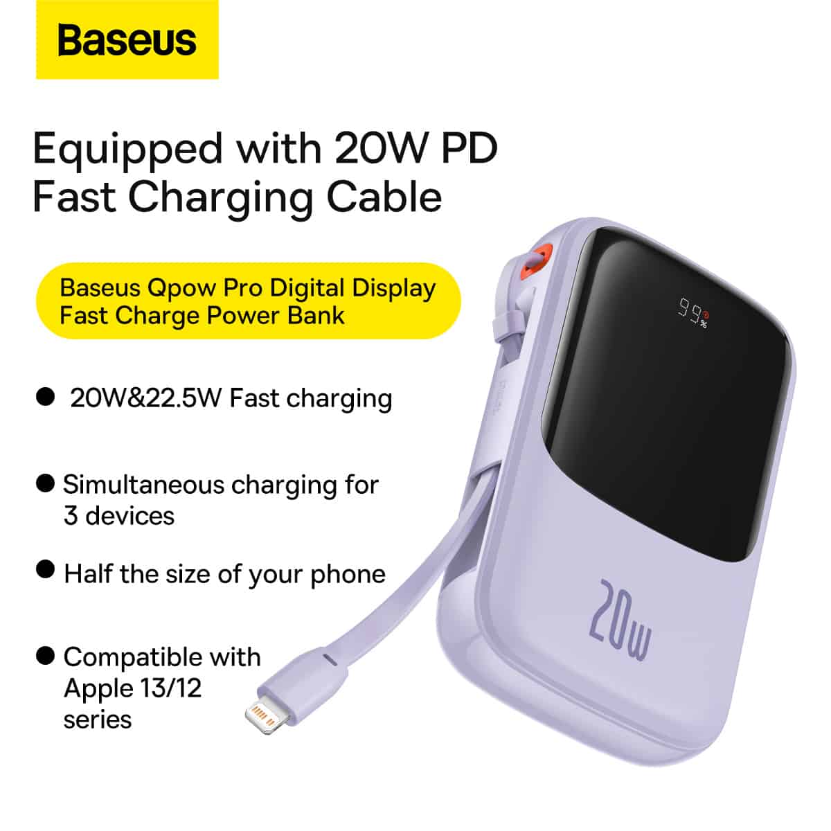 Baseus Qpow Pro Digital Display Fast Charge Power Bank 10000mAh 20W iP Edition Purple