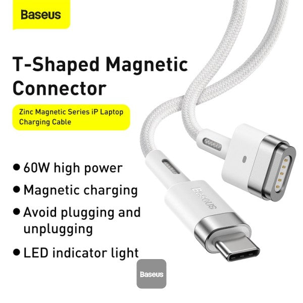 Baseus Zinc Magnetic Series iPhone Laptop Charging Cable Type C to L shaped Port 60W 2M White