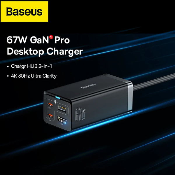 Baseus GaN5 Pro Desktop Fast Charger USB + Dual Type C+ HDMI 67W With 1.5m Power Cord CN Black