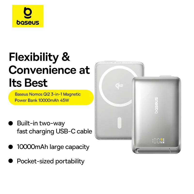 Baseus Nomos Qi2 3-in-1 Magnetic Power Bank 10000mAh 45W