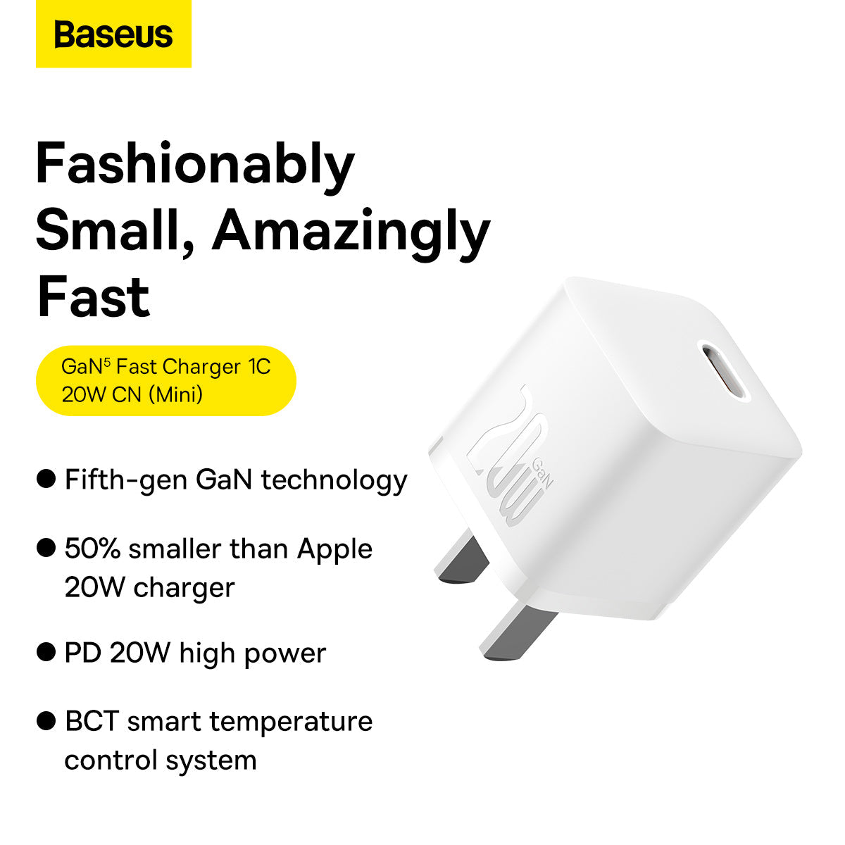Baseus GaN5 Fast Charger 1C 20W CN Mini White With Type C To iPhone Cable