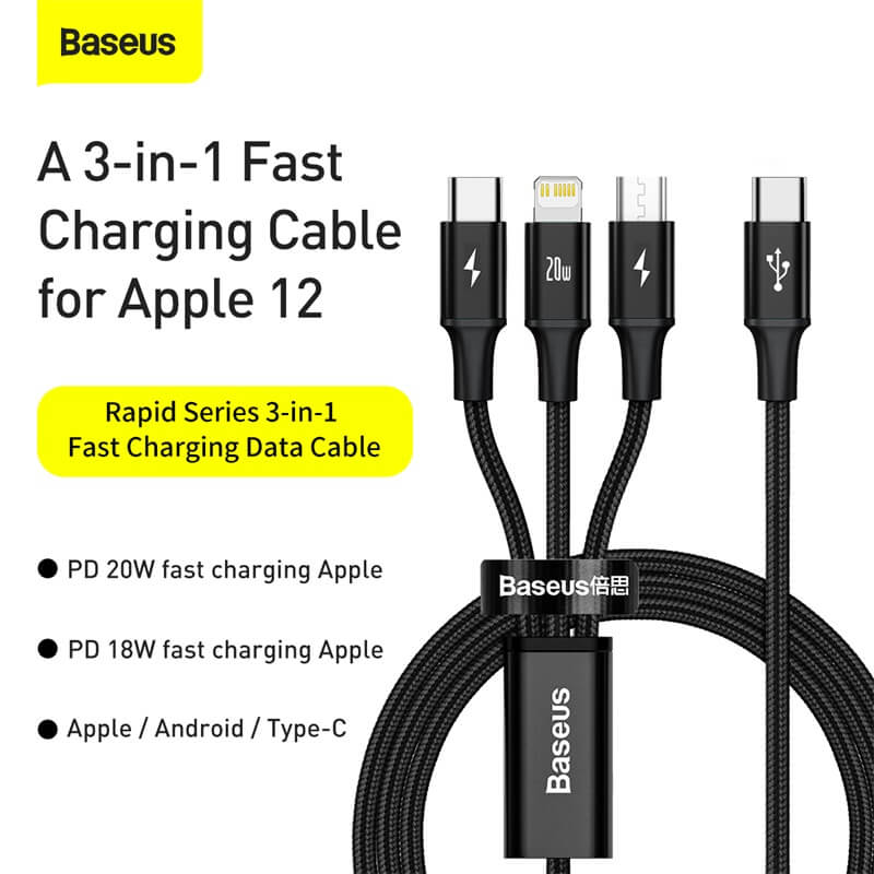 Baseus Rapid Series 3-in-1 Cable Type-C to M+L+C PD 20W