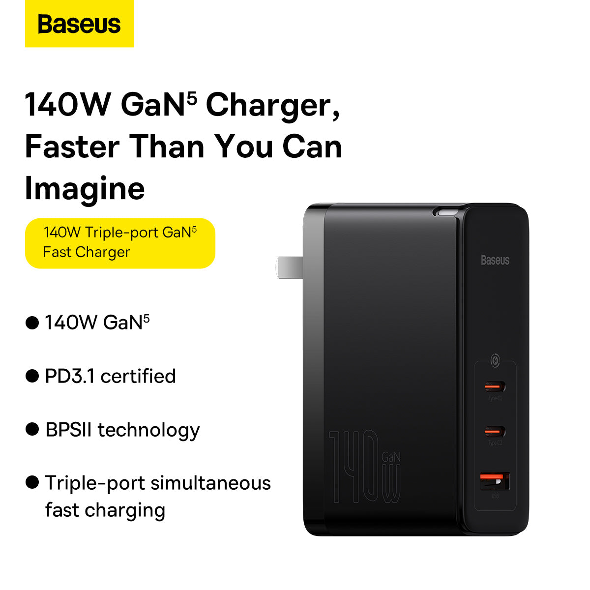 Baseus GaN5 Pro Fast Charger 2C+U 140W CN Black With Superior Series Fast Charging Data Cable Type-C to Type-C 240W（48V/5A) 1m Black