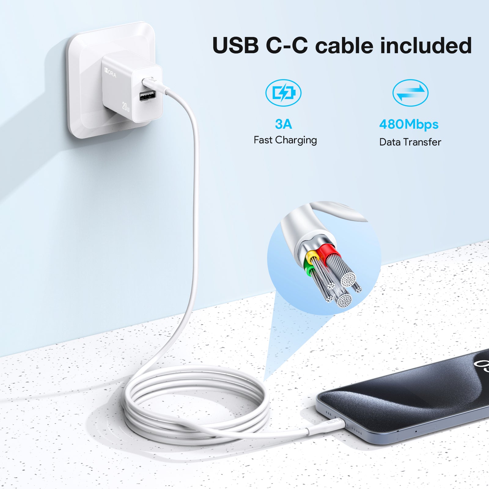 1HORA 20W Charger dual U+C) Black + Type-C cable (GAR162B)