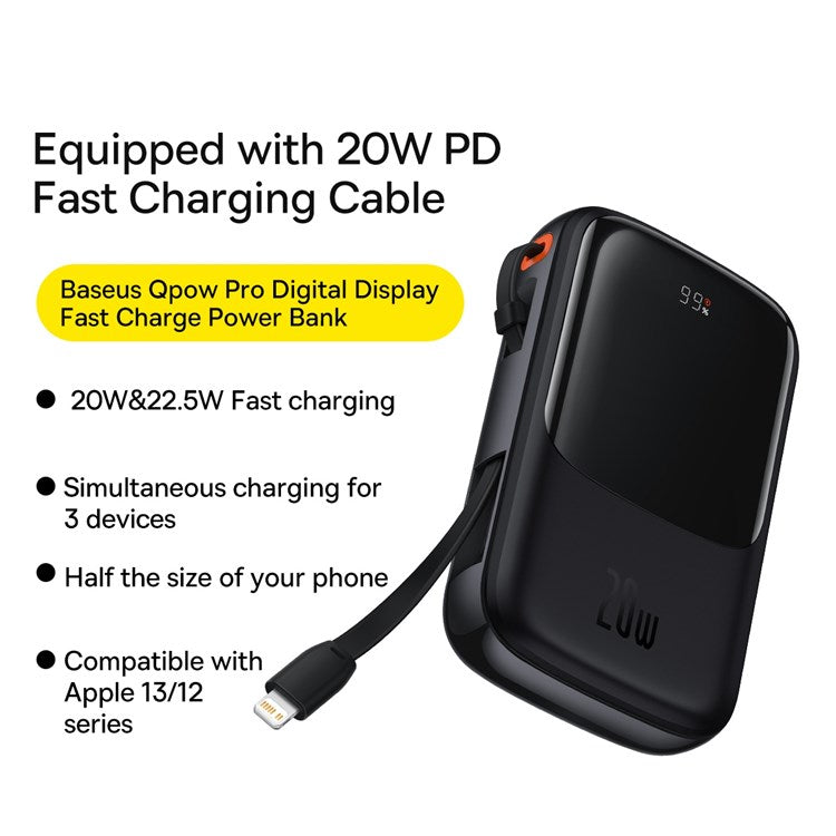 Baseus Qpow Pro 20W Digital Display Fast Charge Power Bank 10000mAh With iPhone Cable Black